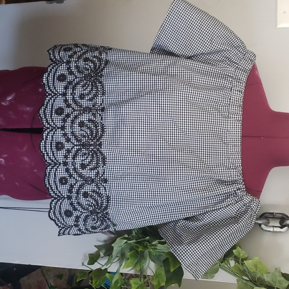 Gingham embroidery blouse